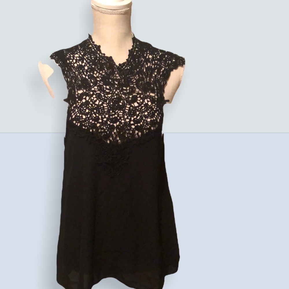 Nella Fantasia black top with crochet yoke, medium